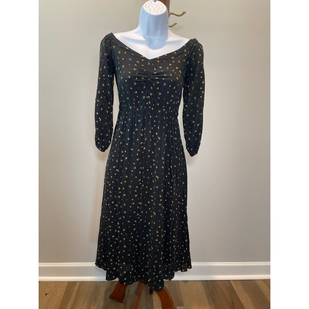 Anthropologie Blouson Dress – Black with Yellow Floral Pattern